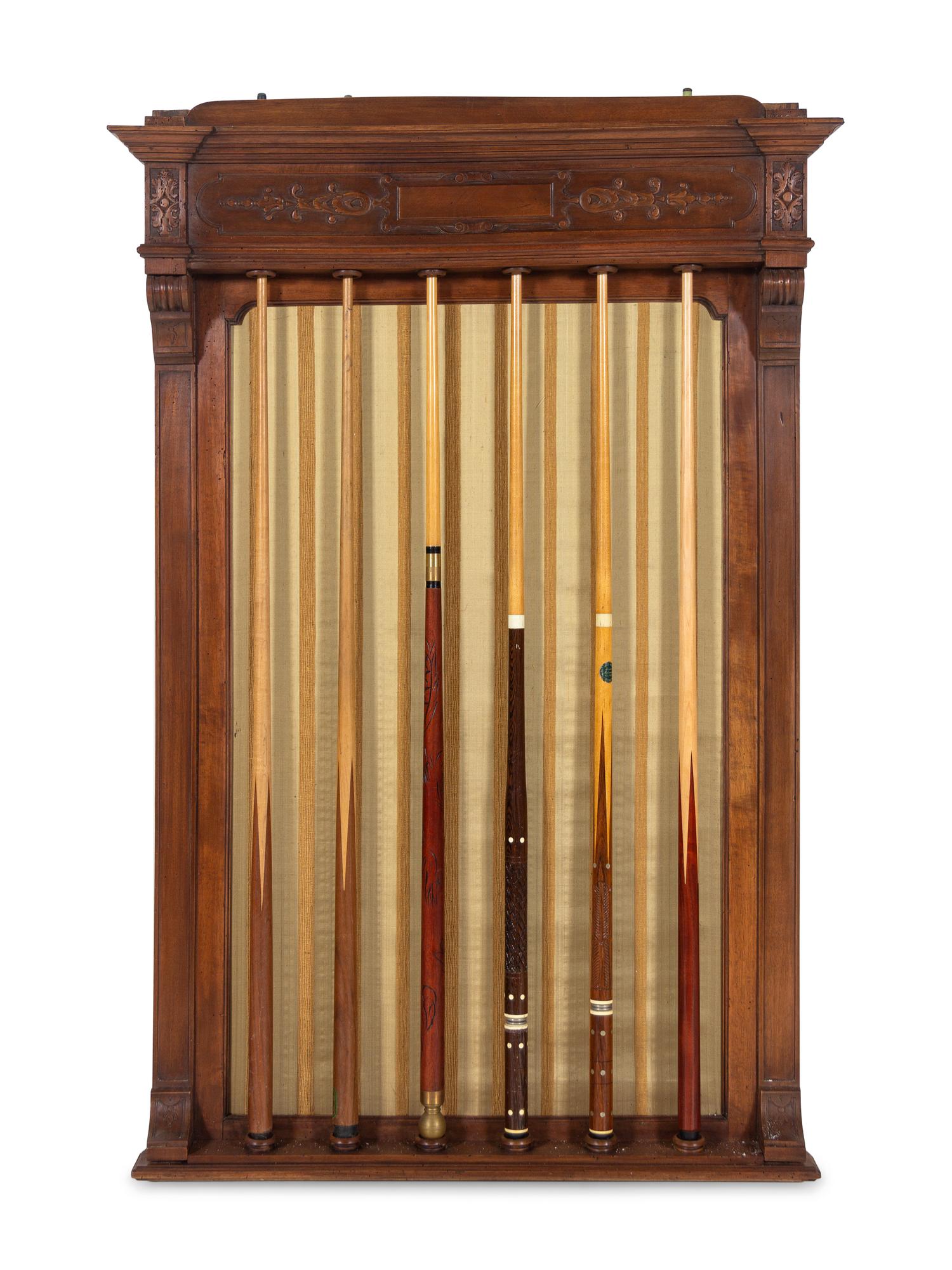 A Carved Walnut Billiards Cue Rack with a Set of Wood Scoring Beads