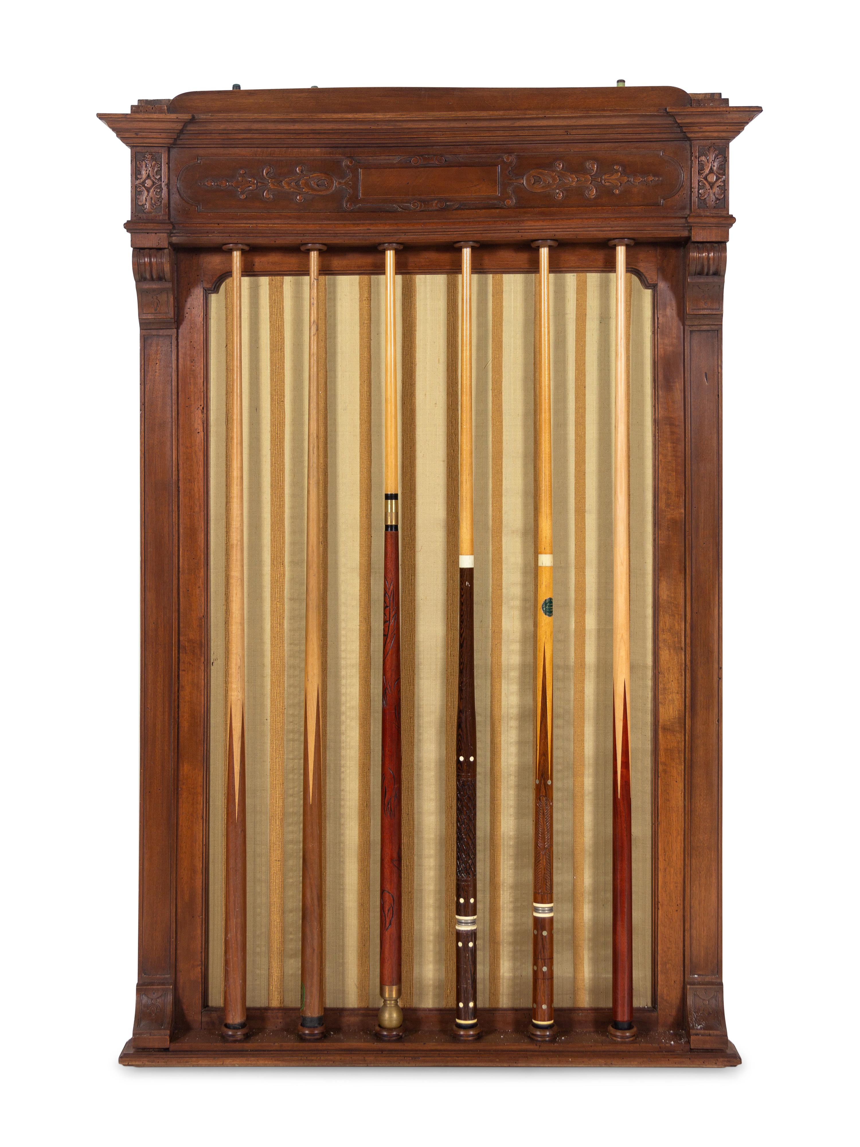 A Carved Walnut Billiards Cue Rack with a Set of Wood Scoring Beads