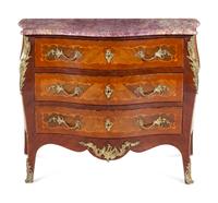 A Louis XVI Style Gilt Bronze Mounted Marquetry Marble-Top Bombe Commode