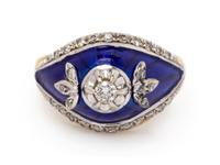 An 18 Karat Yellow Gold, Diamond and Enamel Ring, Italian,