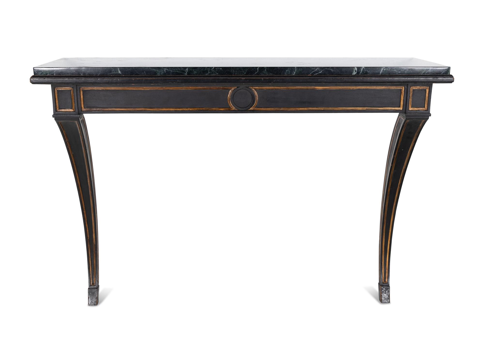 A Black-Painted and Parcel-Gilt Marble-Top Pier Table