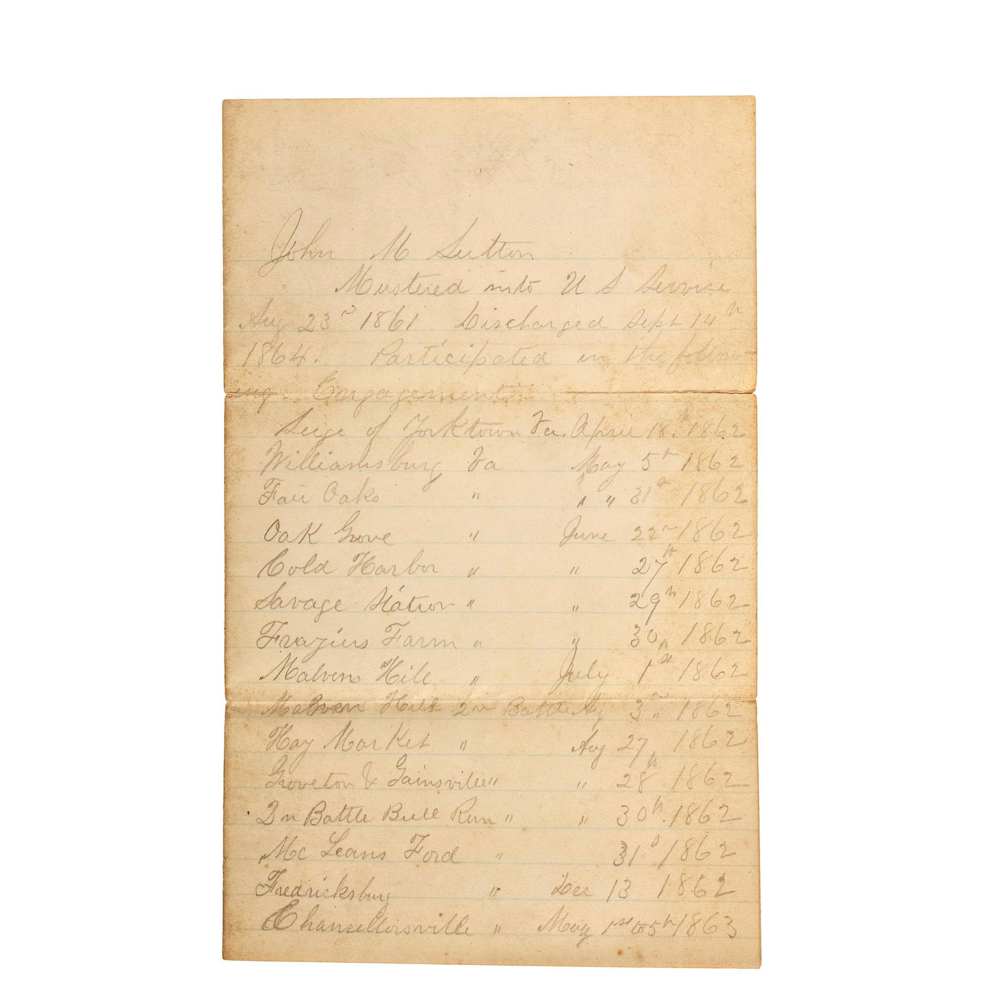 Gettysburg hero Corporal John M. Sutton, Company K, 5th New Jersey Infantry. A group of items highlighted by III Army Corps presentation "For Valor" badge, including: