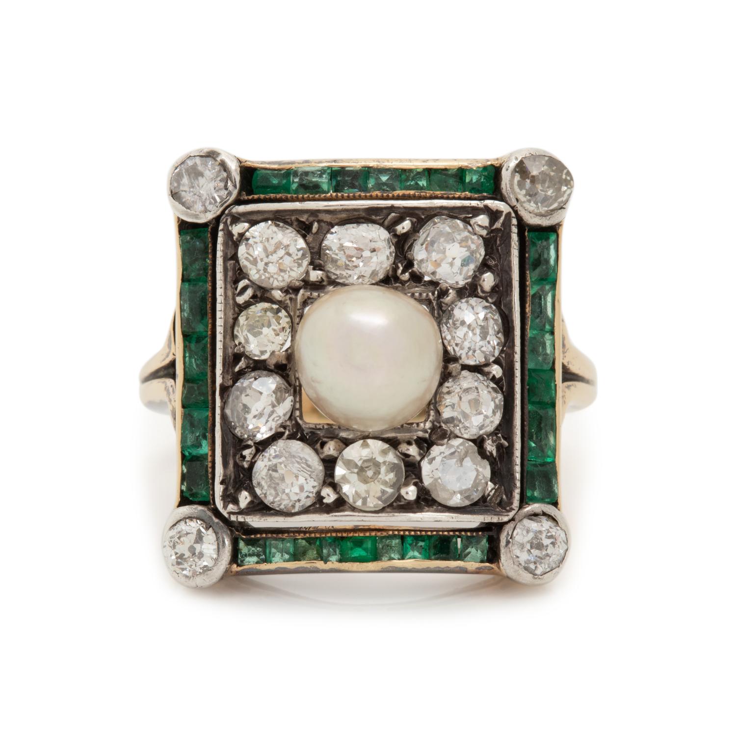 ANTIQUE, PEARL, DIAMOND AND EMERALD RING
