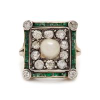 ANTIQUE, PEARL, DIAMOND AND EMERALD RING