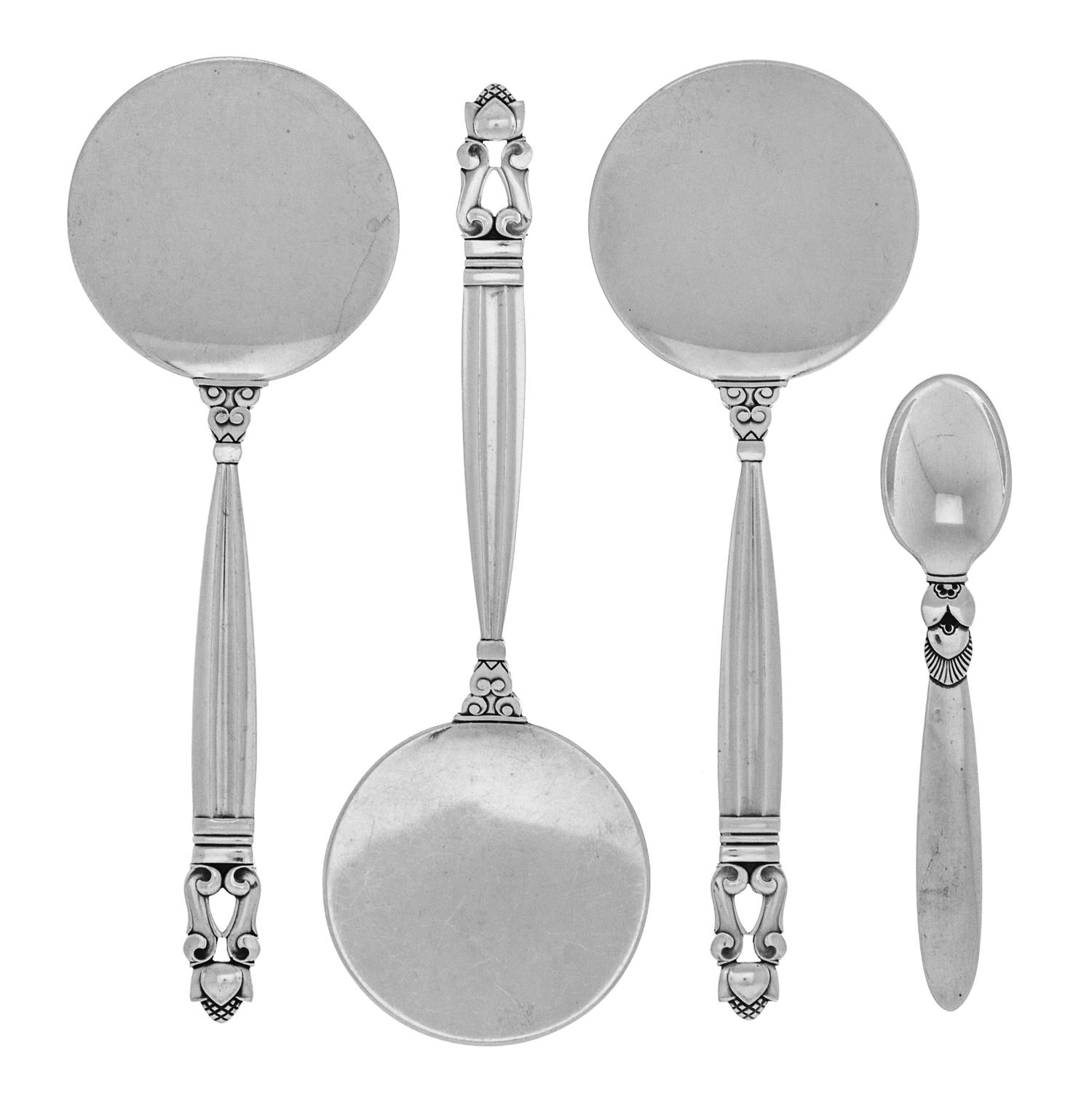 Four Danish Silver Serving Articles, Georg Jensen Silversmithy, Copenhagen, Denmark, Acorn pattern comprising three flat servers, toget
