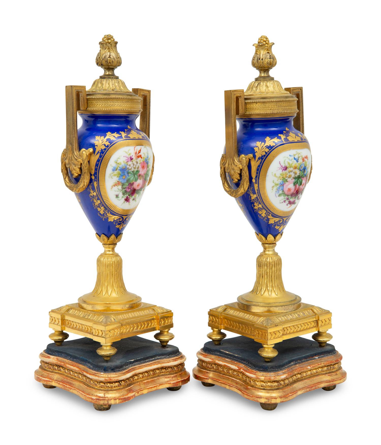 A Pair of Sèvres Style Porcelain and Gilt-Bronze Mounted Cassolettes
