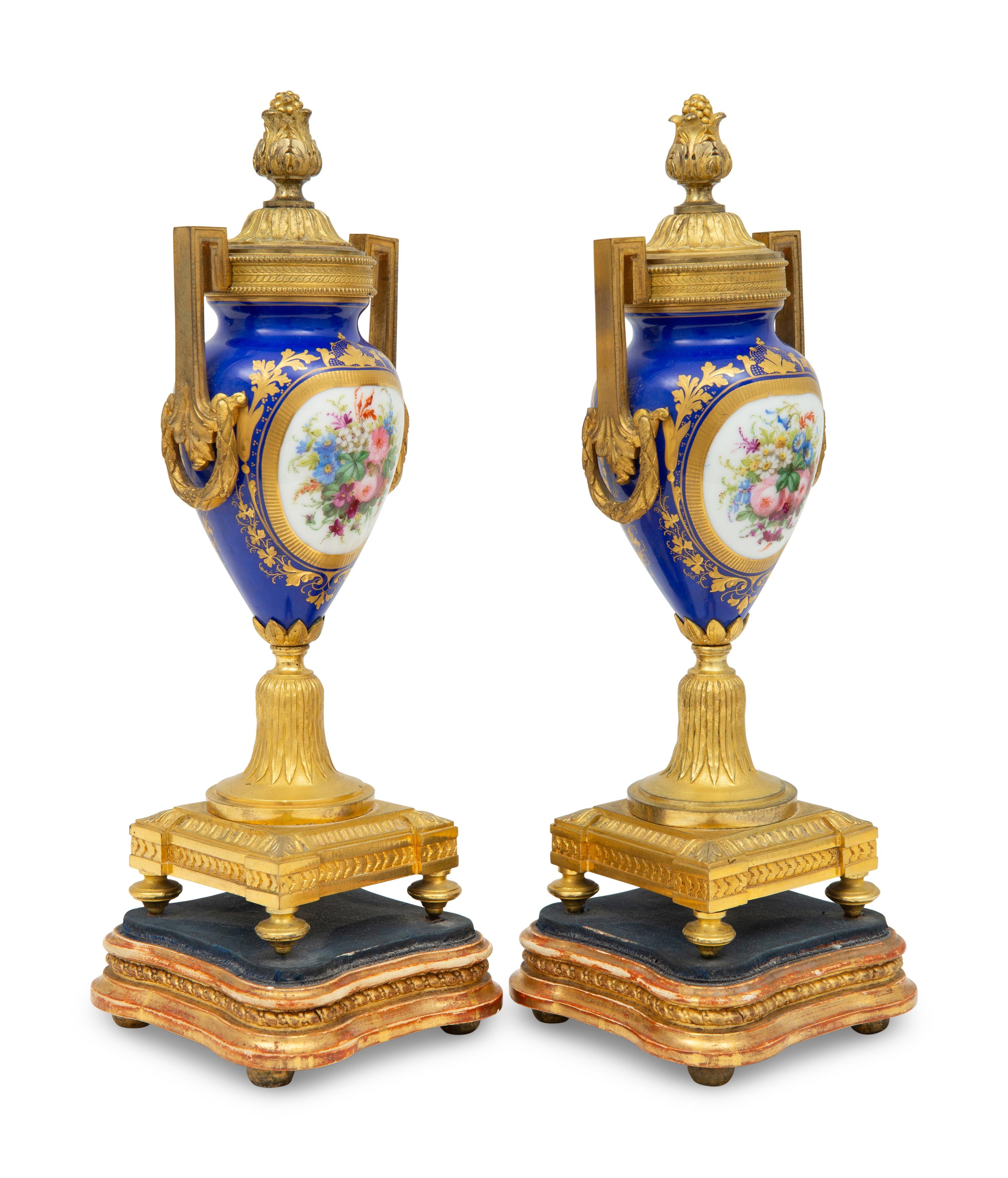 A Pair of Sèvres Style Porcelain and Gilt-Bronze Mounted Cassolettes
