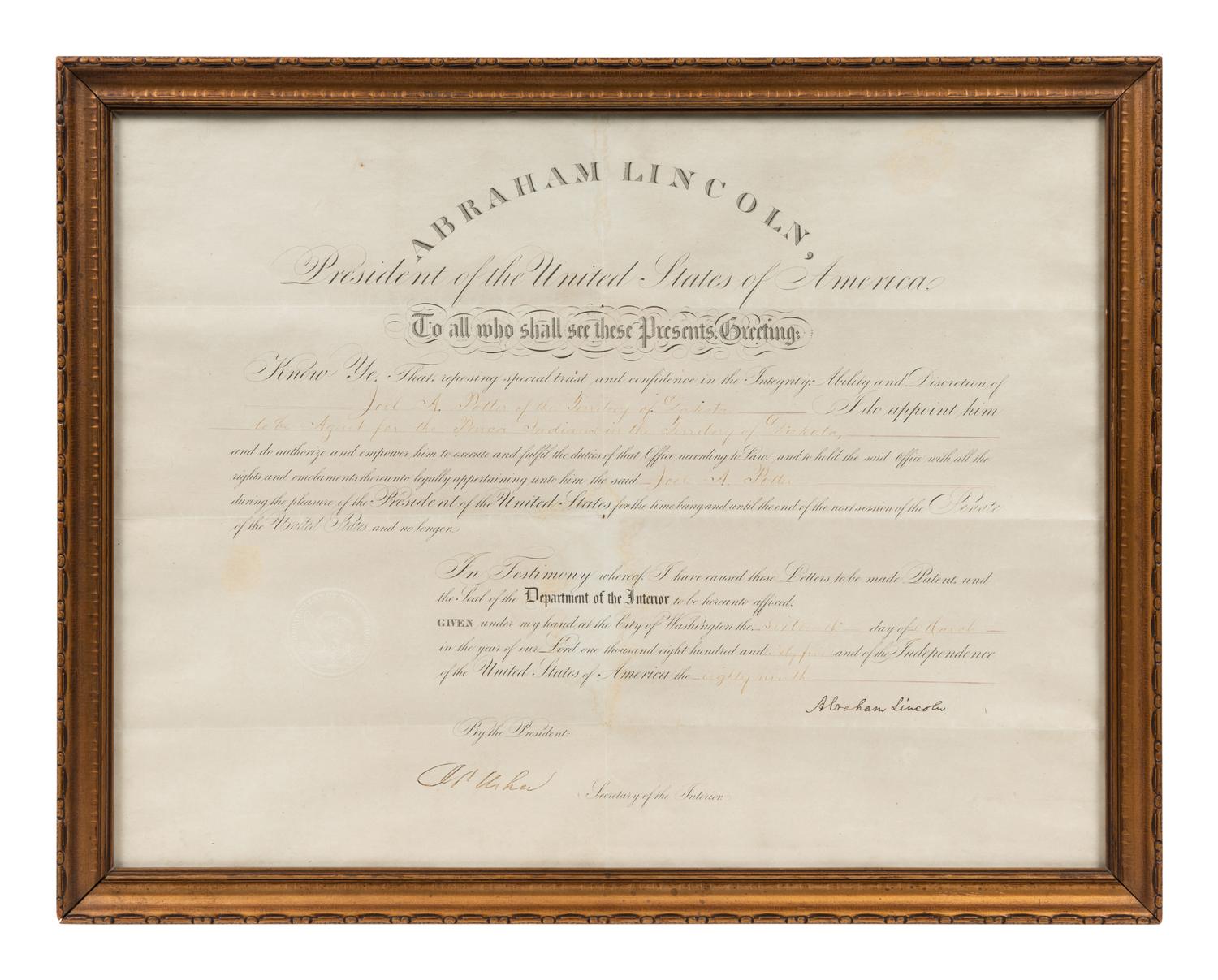 LINCOLN, Abraham (1809-1865). Engraved document signed ("Abraham Lincoln"), as President, countersigned by Secretary of the Interior John Palmer Usher, 16 March 1865.