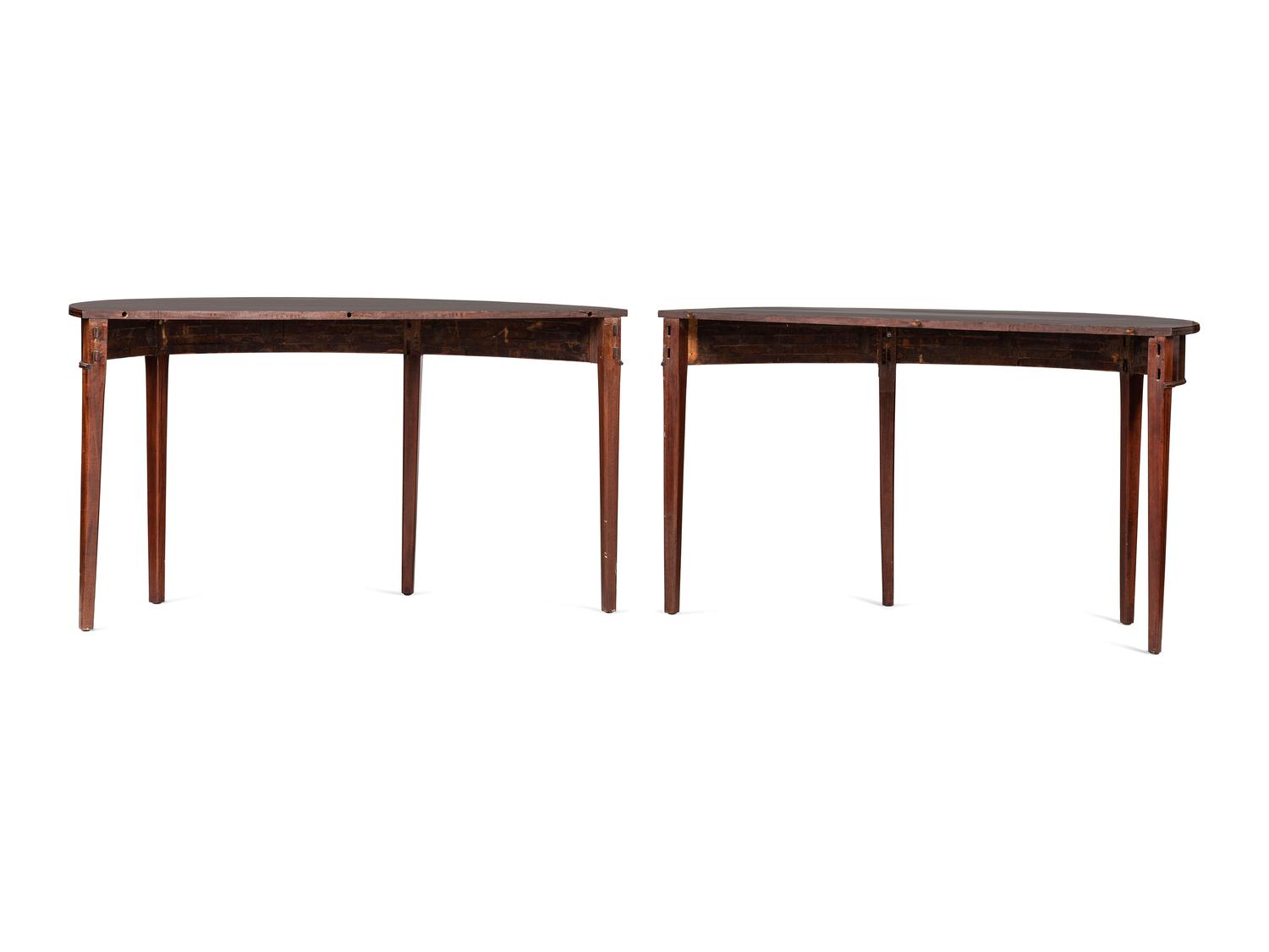 A Pair of Federal String-inlaid Mahogany Demilune Console Tables