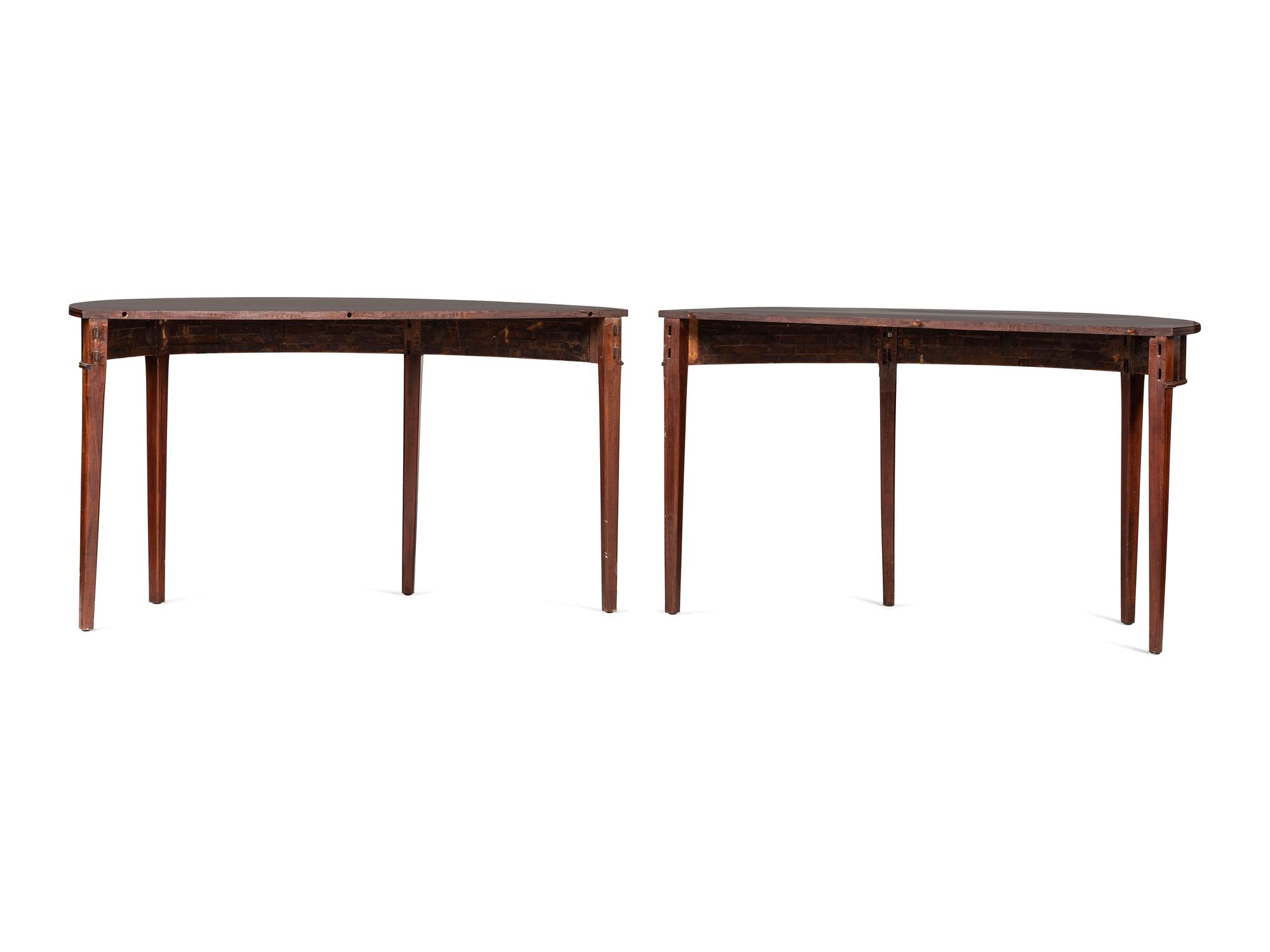 A Pair of Federal String-inlaid Mahogany Demilune Console Tables