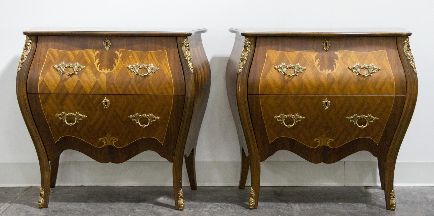 A Pair of Louis XV Style Gilt Metal Mounted Parquetry Commodes Height 25 1/4 x width 28 1/2 x depth 13 1/4 inches. — SECOND HALF 20TH CENTURY