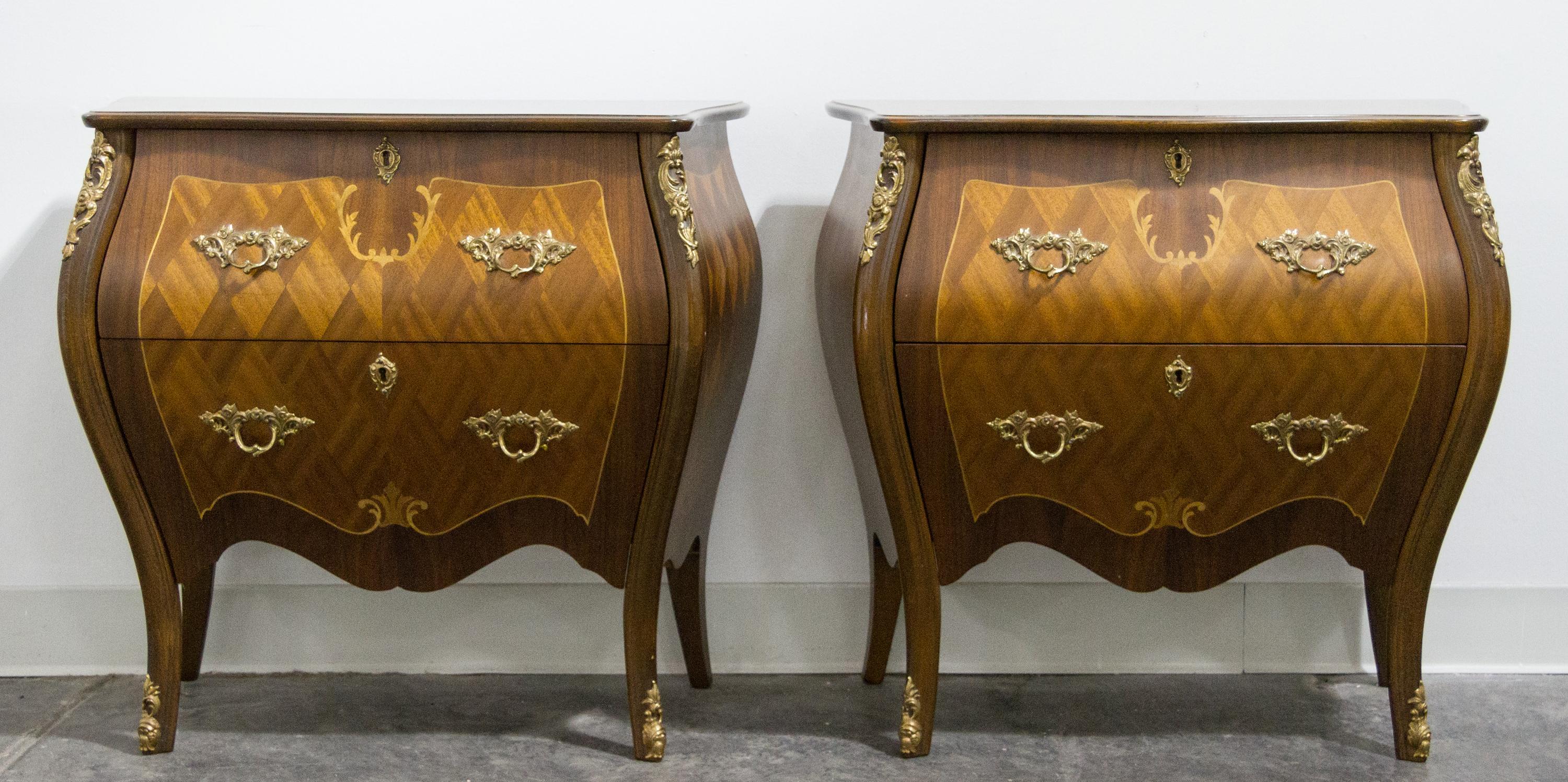 A Pair of Louis XV Style Gilt Metal Mounted Parquetry Commodes Height 25 1/4 x width 28 1/2 x depth 13 1/4 inches. — SECOND HALF 20TH CENTURY