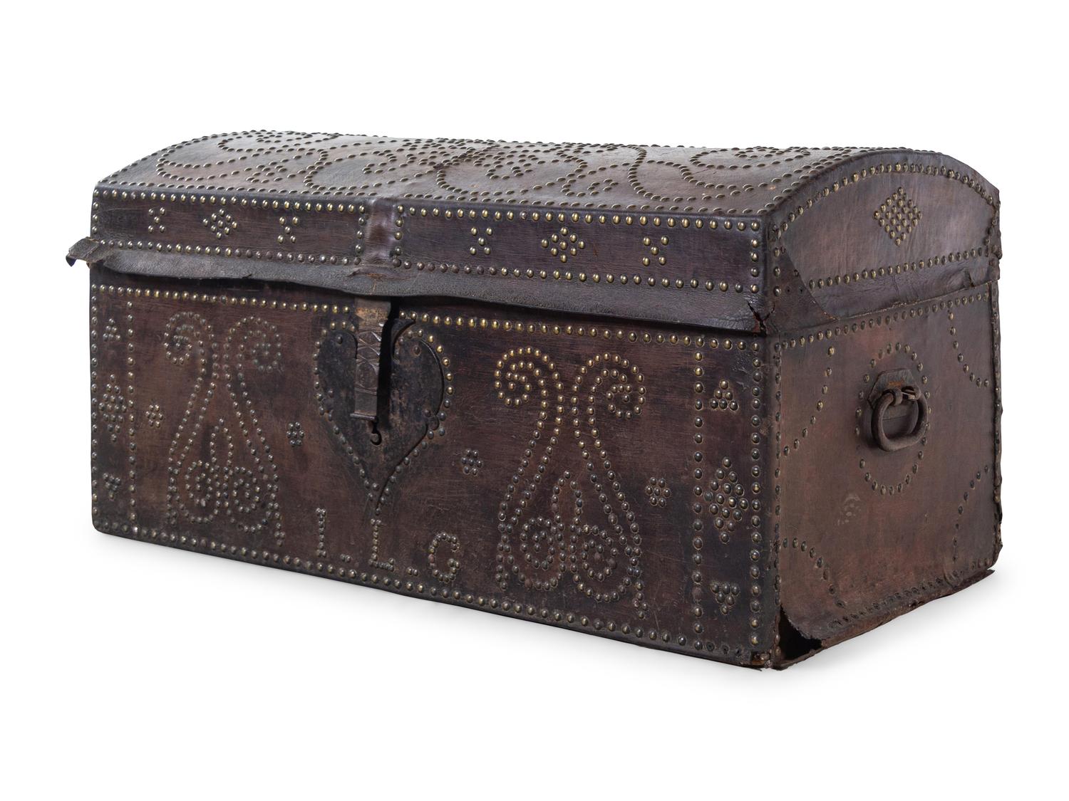 A Continental Nailhead Embossed Leather Trunk