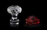 Two Lalique Molded and Frosted Glass Articles, Height of taller 3 1/8 inches.