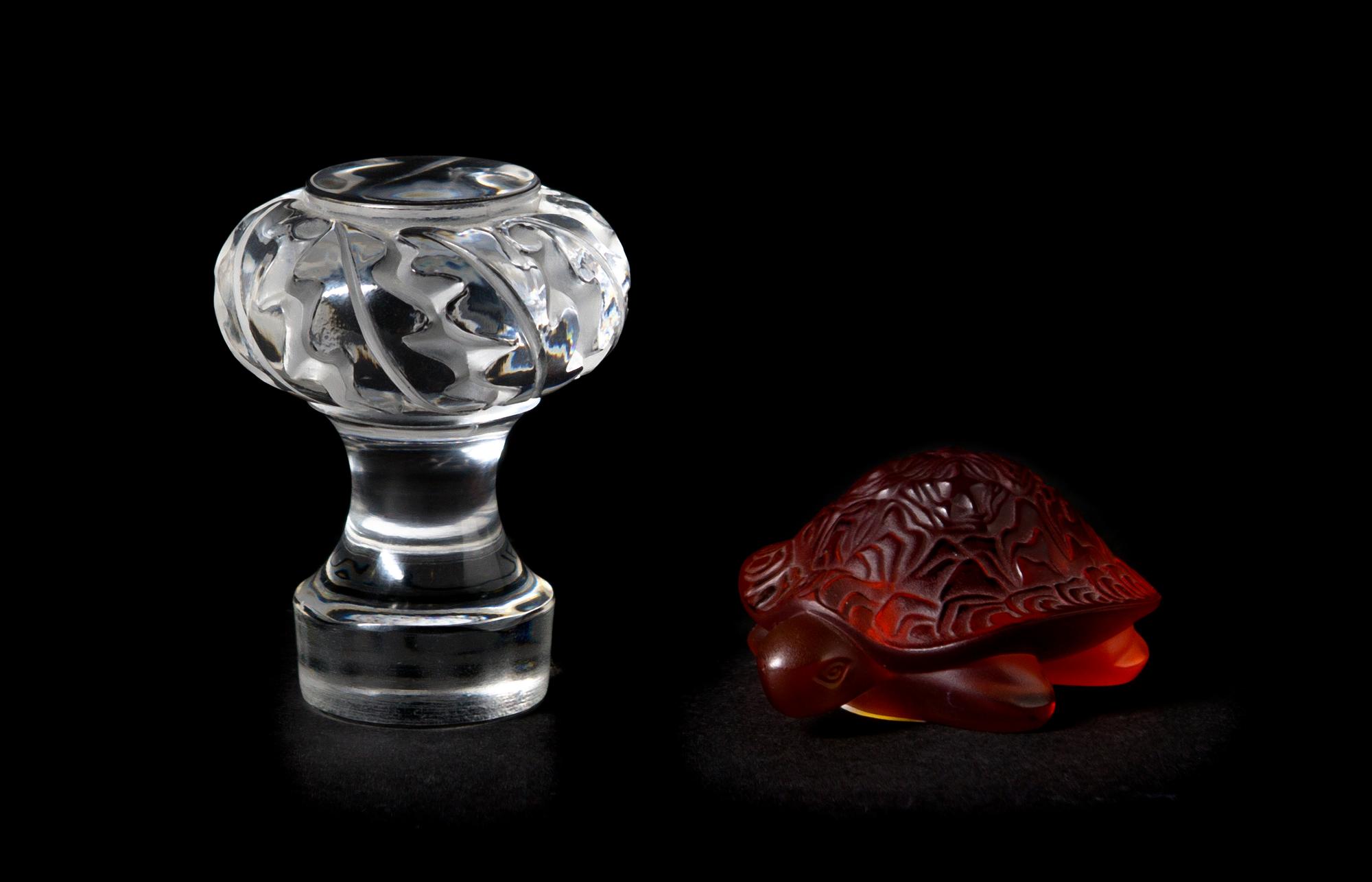 Two Lalique Molded and Frosted Glass Articles, Height of taller 3 1/8 inches.