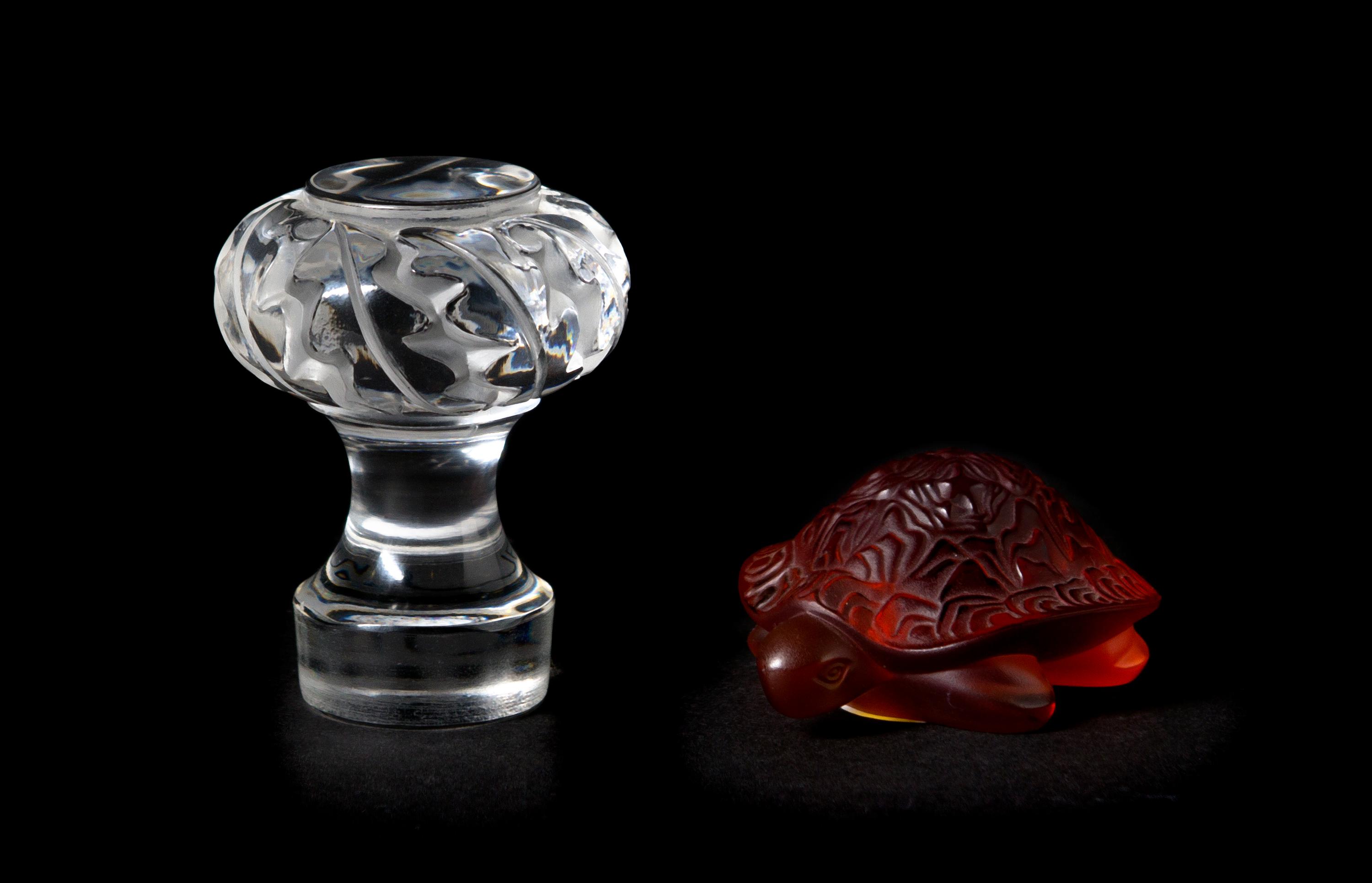 Two Lalique Molded and Frosted Glass Articles, Height of taller 3 1/8 inches.