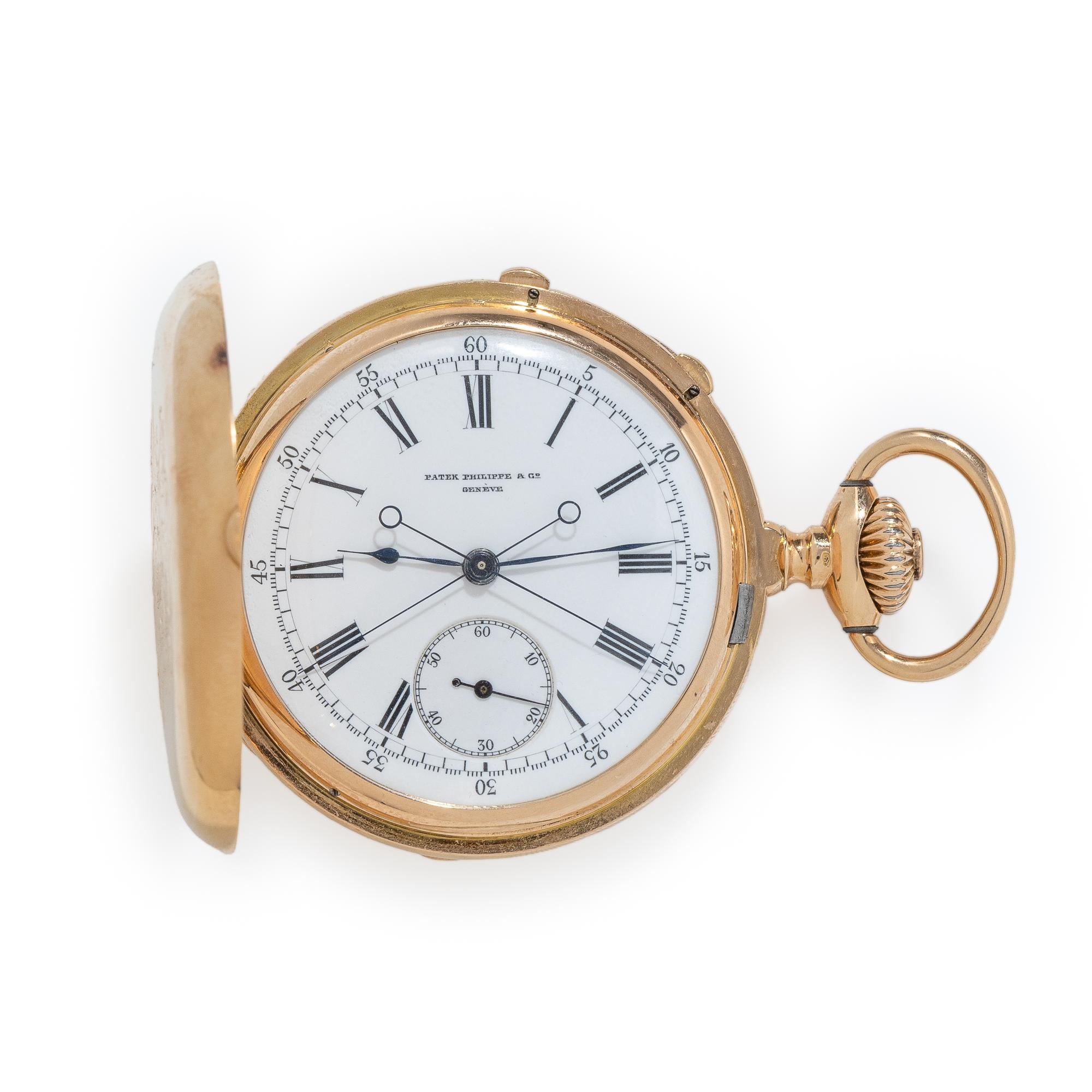 Patek Philippe, 18K Rose Gold Split Second Chronograph Hunter Case Pocket Watch, with Extract from the Archives