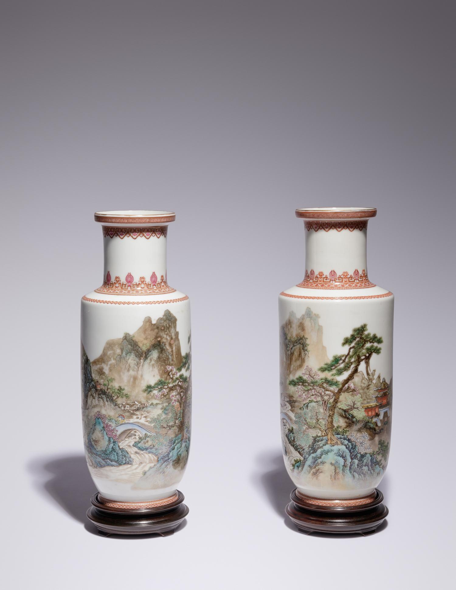 A Pair of Iron Red Decorated Famille Rose Porcelain 'Landscape' Vases