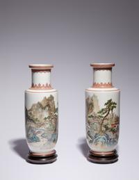 A Pair of Iron Red Decorated Famille Rose Porcelain 'Landscape' Vases