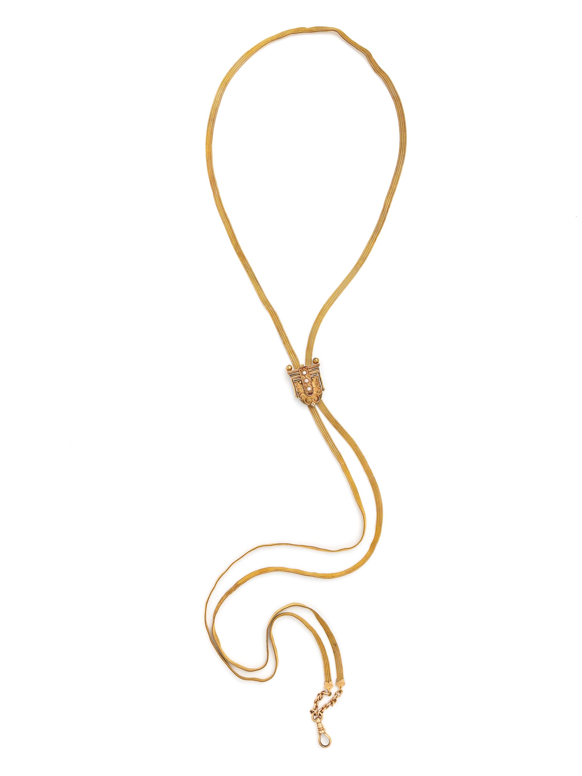 VICTORIAN, YELLOW GOLD CHAIN WITH SEED PEARL SLIDE