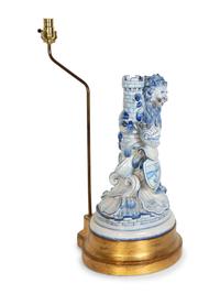 A Continental Faience Lion Group Mounted as a Lamp
