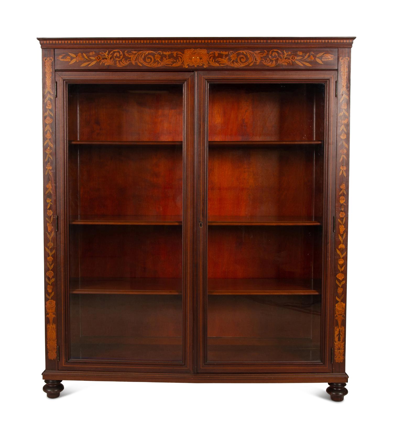 A Dutch Marquetry Style Mahogany Bookcase with Glazed Doors — Early 20th century