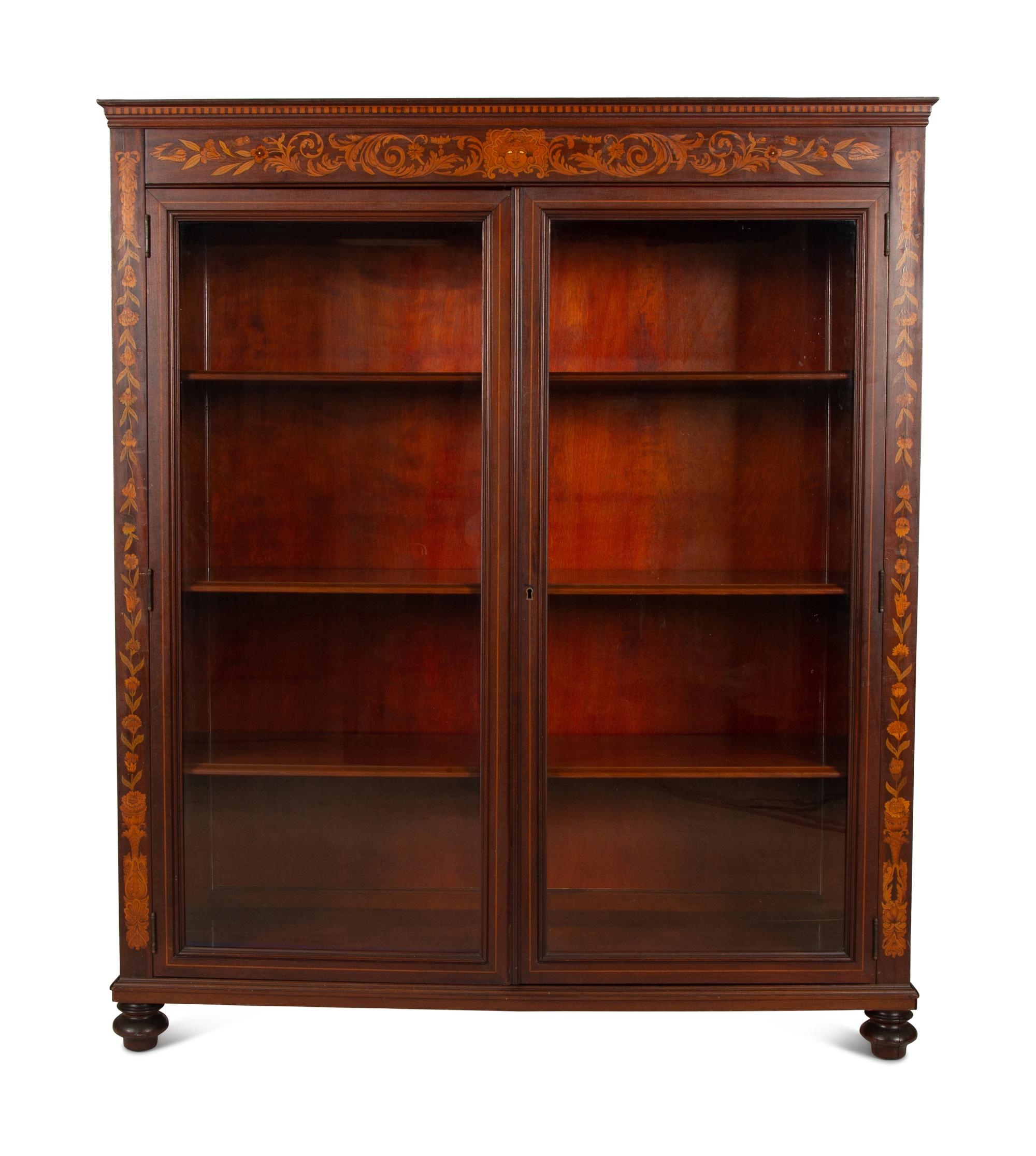 A Dutch Marquetry Style Mahogany Bookcase with Glazed Doors — Early 20th century