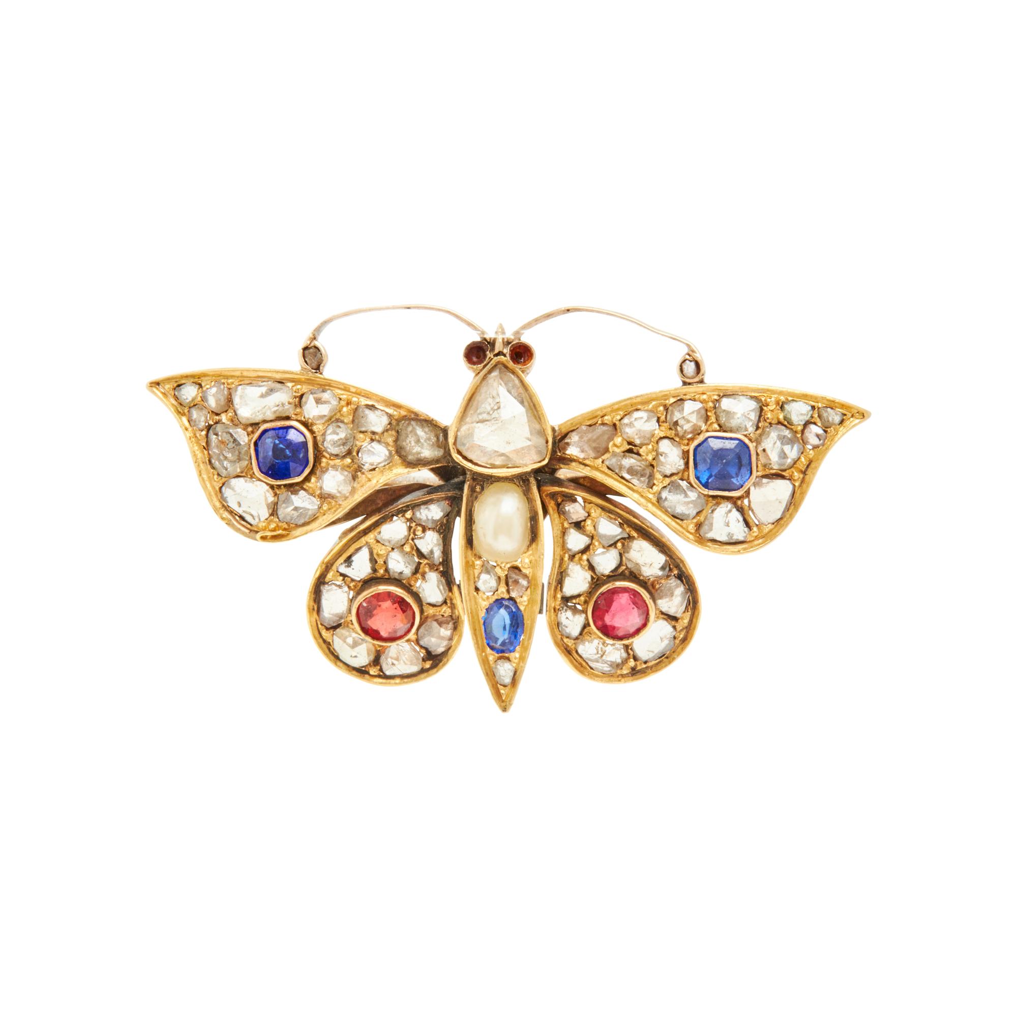 ANTIQUE, DIAMOND, PEARL, AND GLASS BUTTERFLY BROOCH