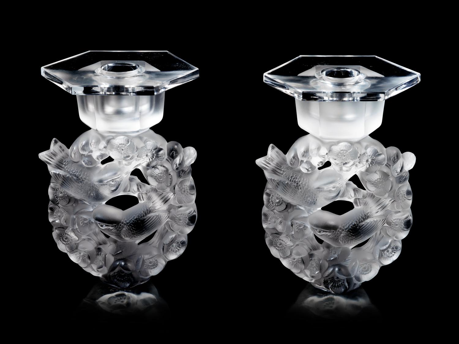 A Pair of Lalique Mesanges Candlesticks