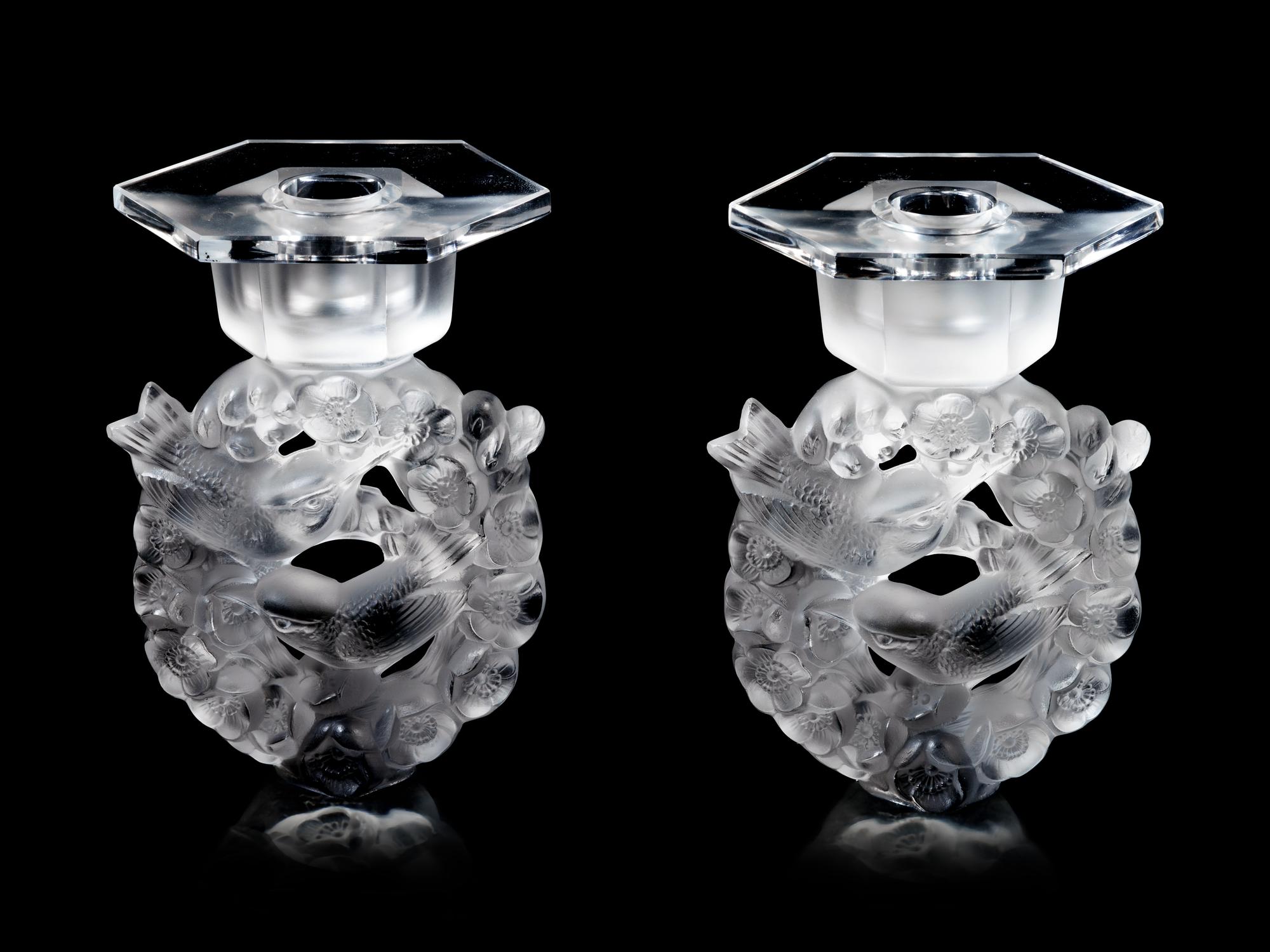 A Pair of Lalique Mesanges Candlesticks