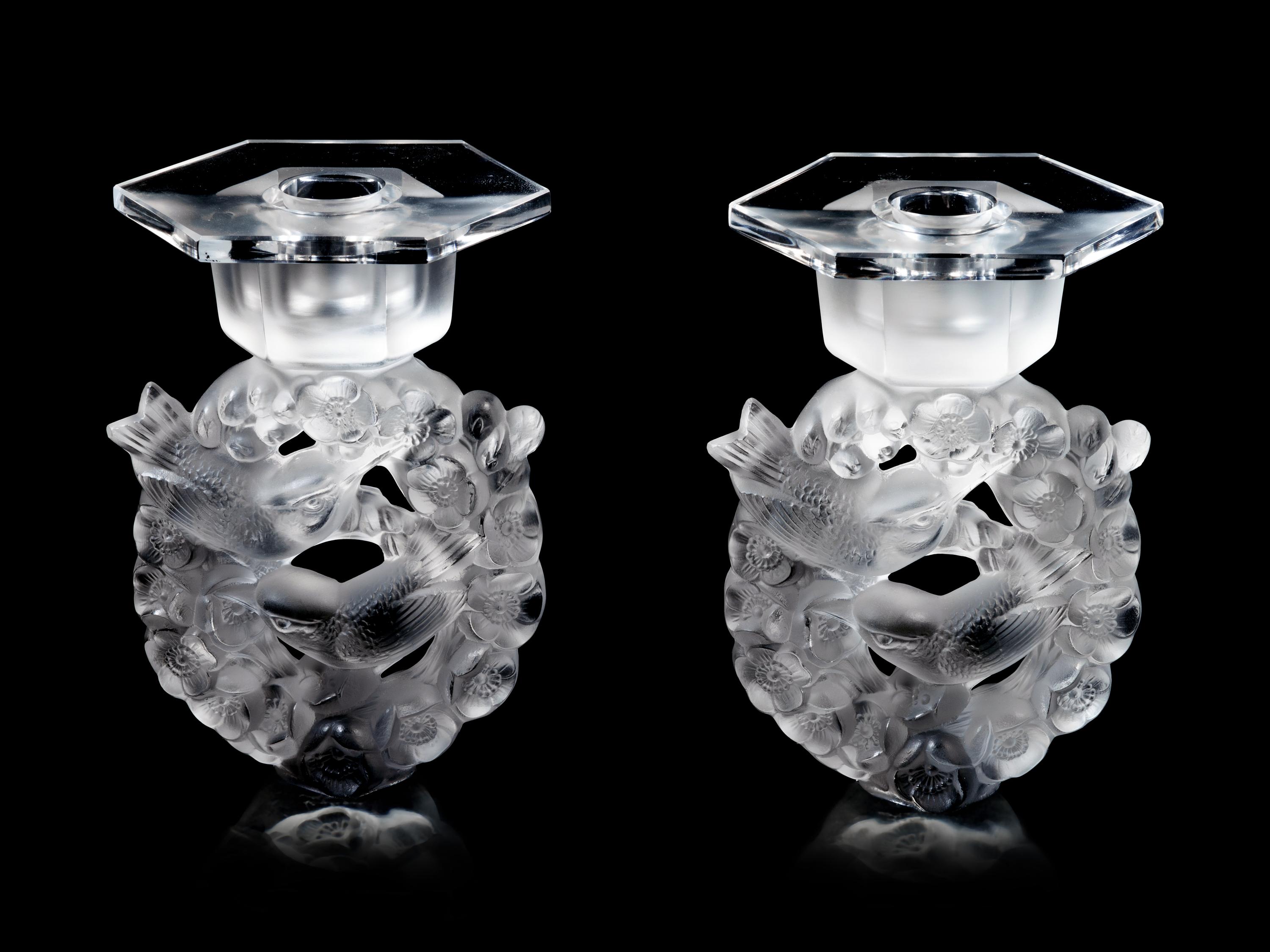 A Pair of Lalique Mesanges Candlesticks