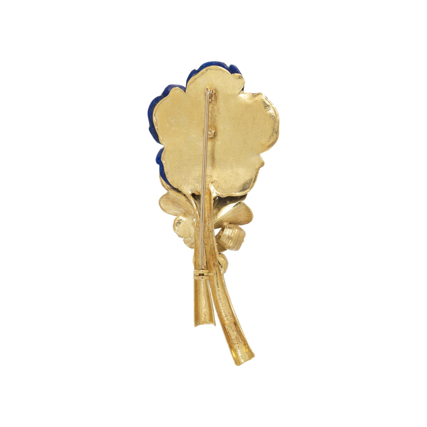 LAPIS LAZULI, EMERALD, AND YELLOW GOLD FLOWER BROOCH