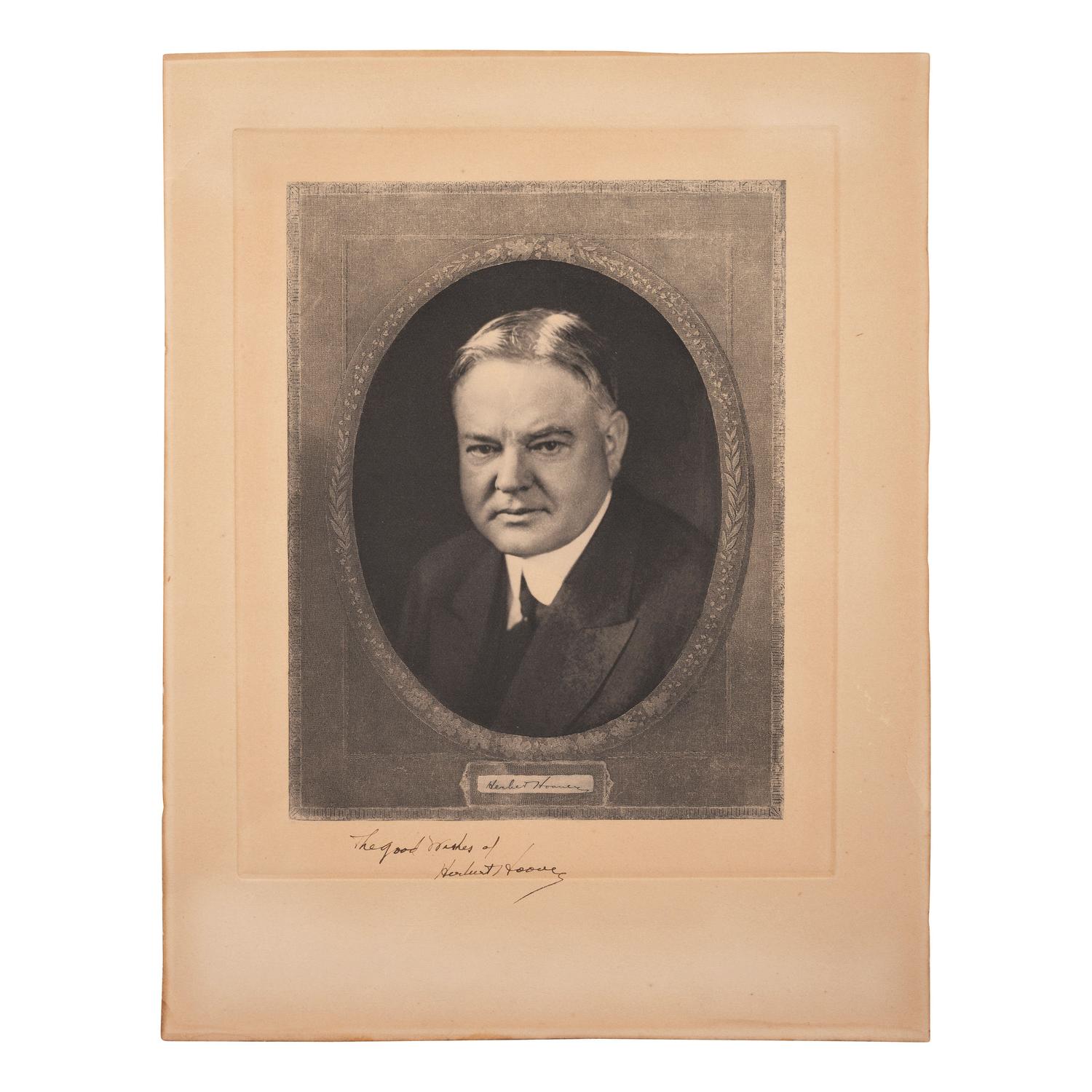 HOOVER, Herbert (1874-1964). Engraving signed and inscribed below image ("Herbert Hoover"). N.p., n.d.