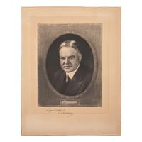 HOOVER, Herbert (1874-1964). Engraving signed and inscribed below image ("Herbert Hoover"). N.p., n.d.