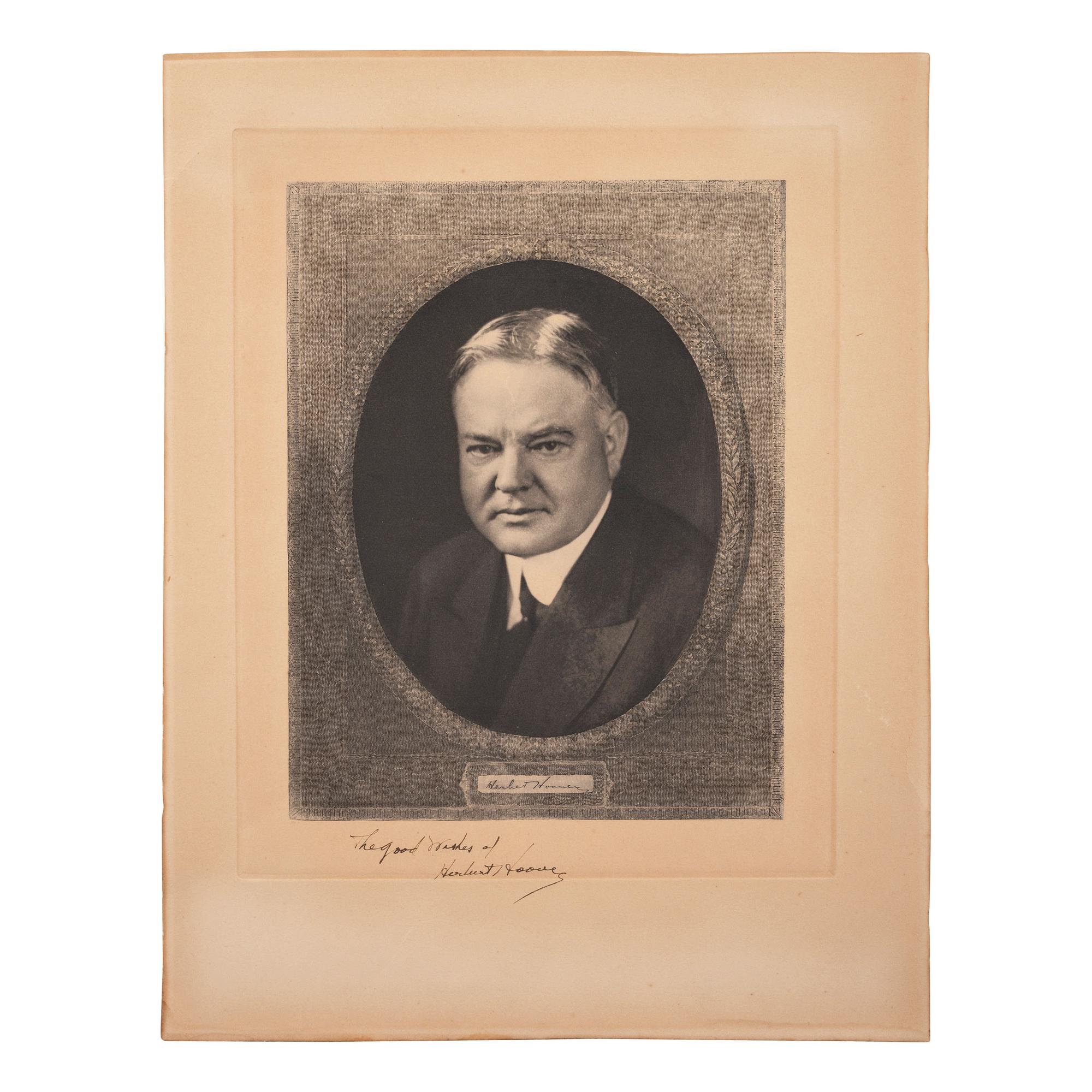 HOOVER, Herbert (1874-1964). Engraving signed and inscribed below image ("Herbert Hoover"). N.p., n.d.