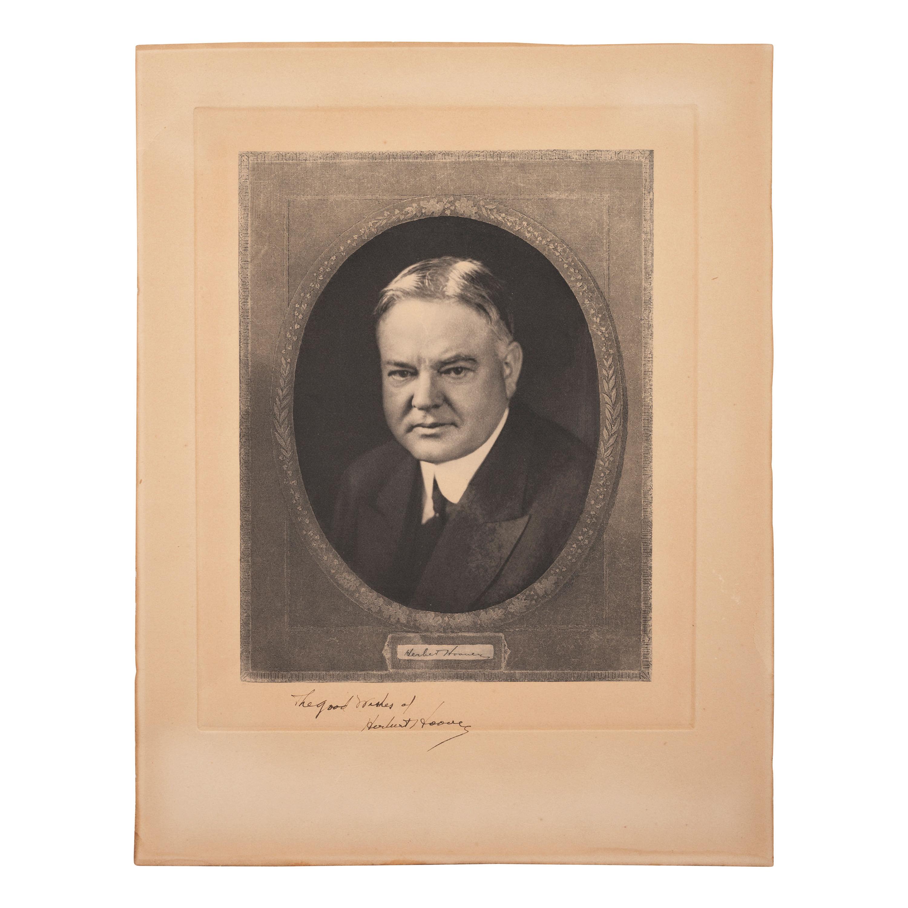 HOOVER, Herbert (1874-1964). Engraving signed and inscribed below image ("Herbert Hoover"). N.p., n.d.