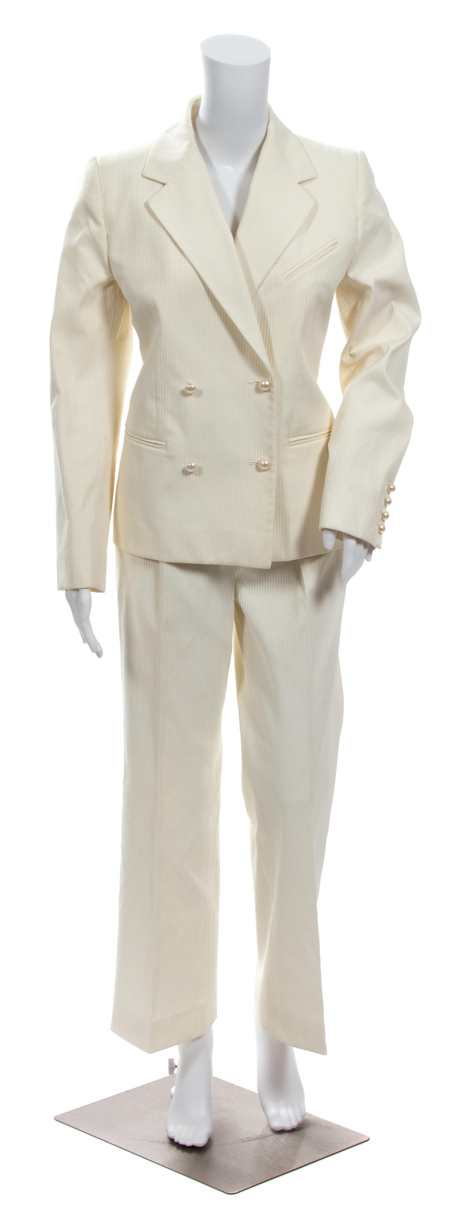A Chanel Cream Ribbed Pant Suit, Spring 2001 Jacket size label: 42; Pant size label 40