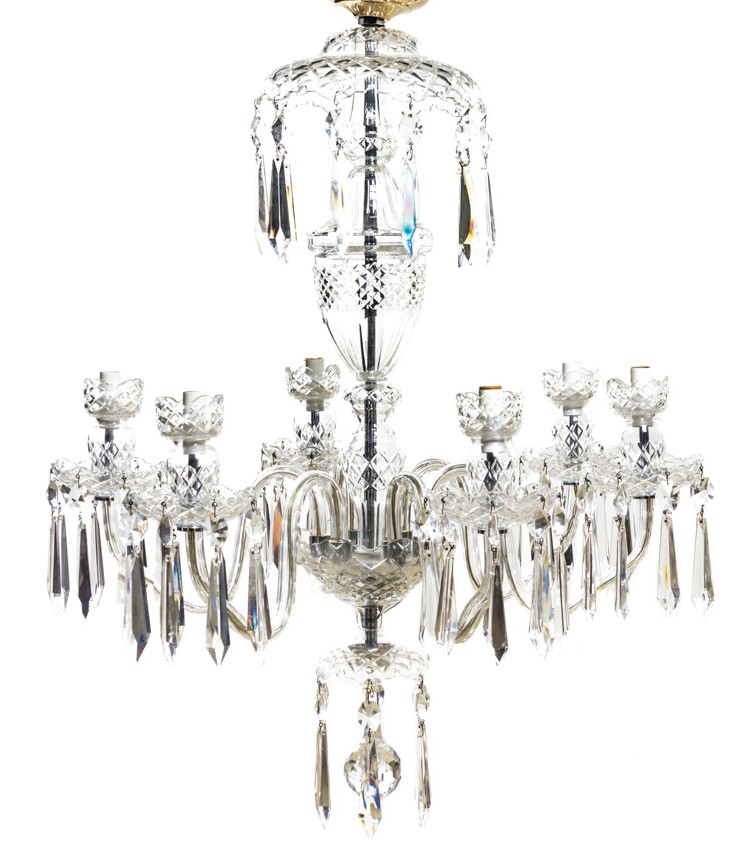 A Waterford Cut Glass Six-Light Chandelier, Height 32 inches.