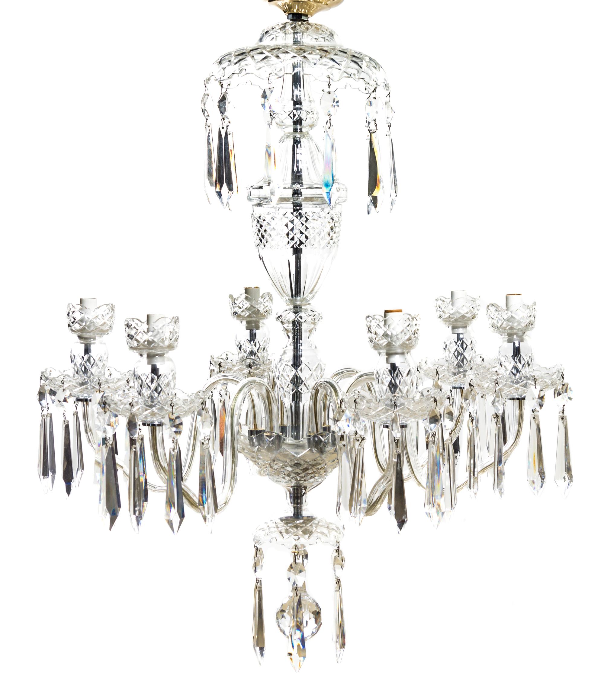 A Waterford Cut Glass Six-Light Chandelier, Height 32 inches.