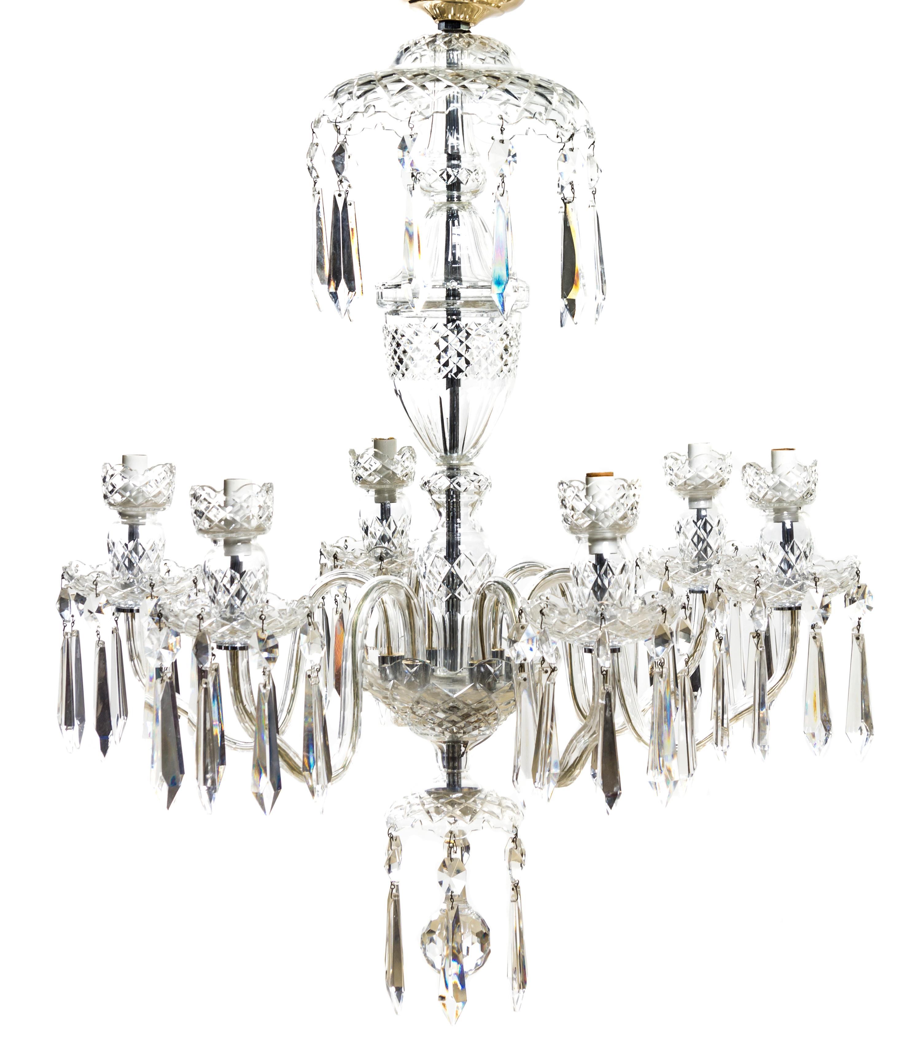 A Waterford Cut Glass Six-Light Chandelier, Height 32 inches.