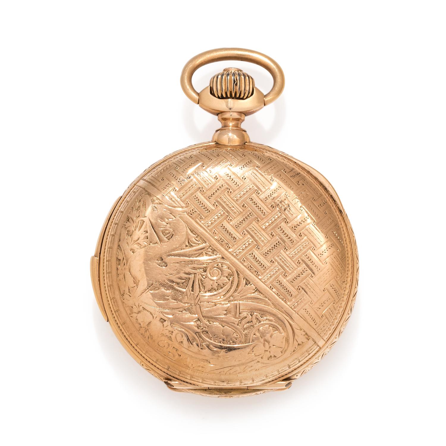 18K YELLOW GOLD AUTOMATON MINUTE REPEATER HUNTER CASE POCKET WATCH
