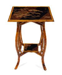 A Victorian Bamboo and Lacquer Table Height 29 1/2 x width 22 1/4 x depth 22 1/4 inches. — LATE 19TH CENTURY