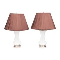 A Pair of White Opaline Glass and Nickel-Plated Table Lamps