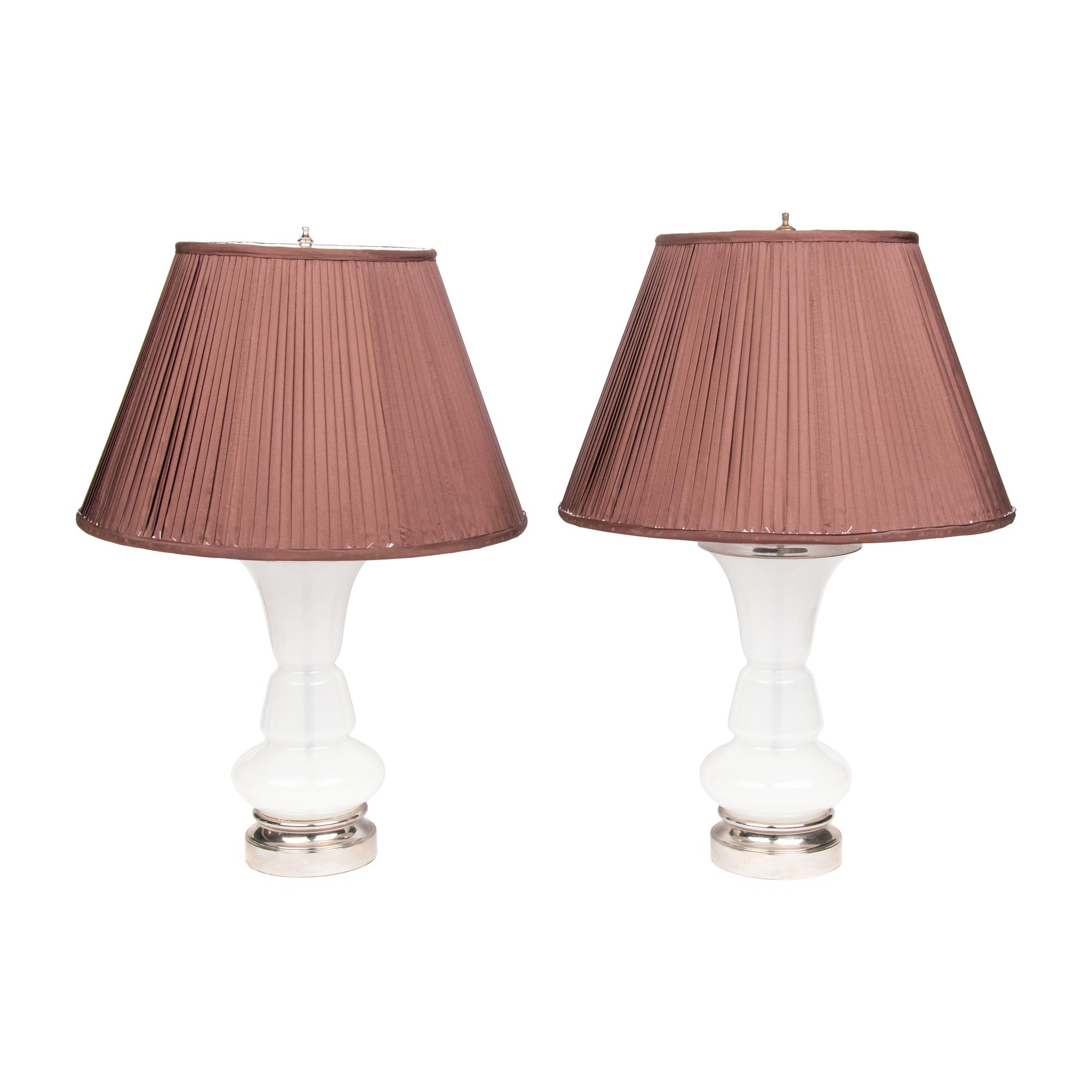 A Pair of White Opaline Glass and Nickel-Plated Table Lamps