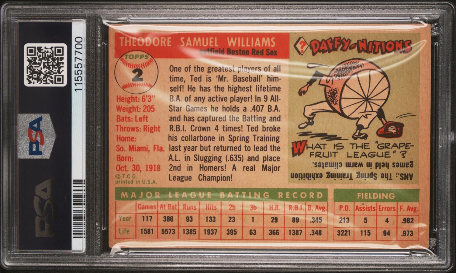A 1955 Topps Ted Williams Baseball Card No. 2 (PSA 3 VG) from The Collection of David Eisenhower