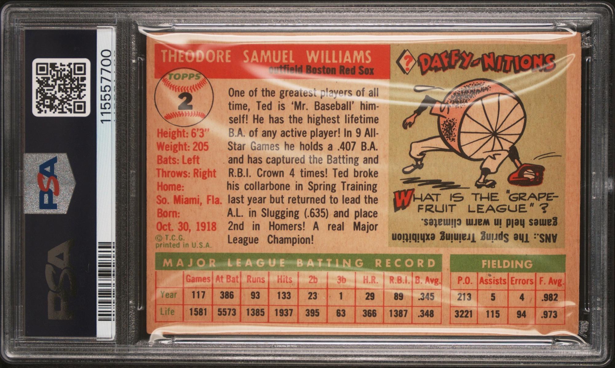 A 1955 Topps Ted Williams Baseball Card No. 2 (PSA 3 VG) from The Collection of David Eisenhower