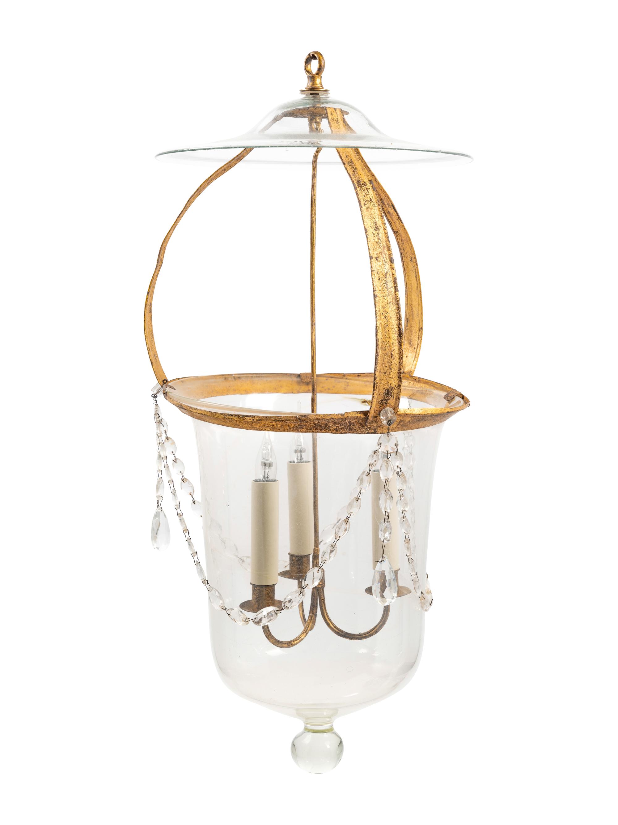 A Regency Style Gilt Metal and Glass Three-Light Lantern