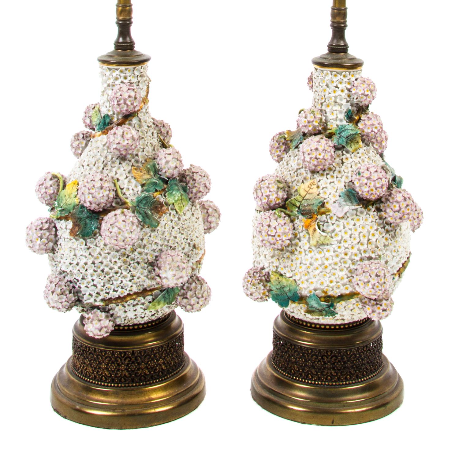 A Pair of German Porcelain Schneeballen Vases Height 12 3/4 inches.