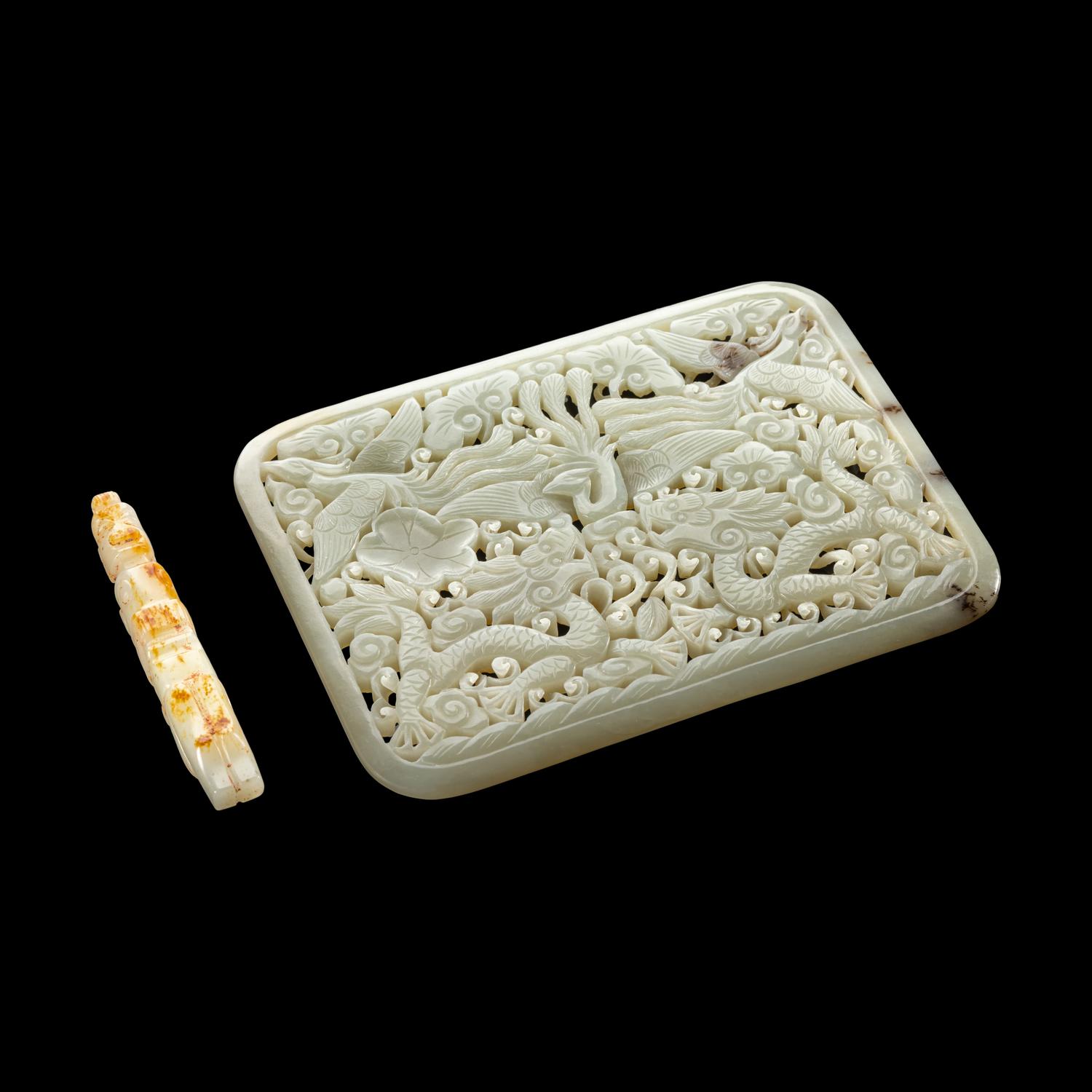 A Chinese Reticulated Jade Plaque and An Archaistic Jade Figure 青玉鏤雕龍鳳紋屏及仿古玉俑