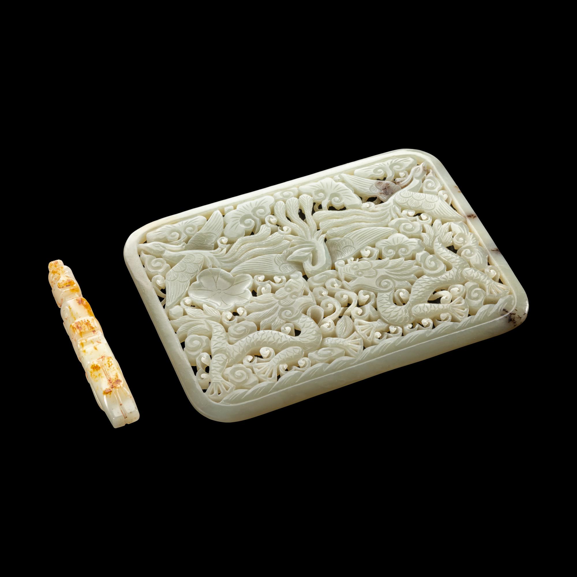 A Chinese Reticulated Jade Plaque and An Archaistic Jade Figure 青玉鏤雕龍鳳紋屏及仿古玉俑